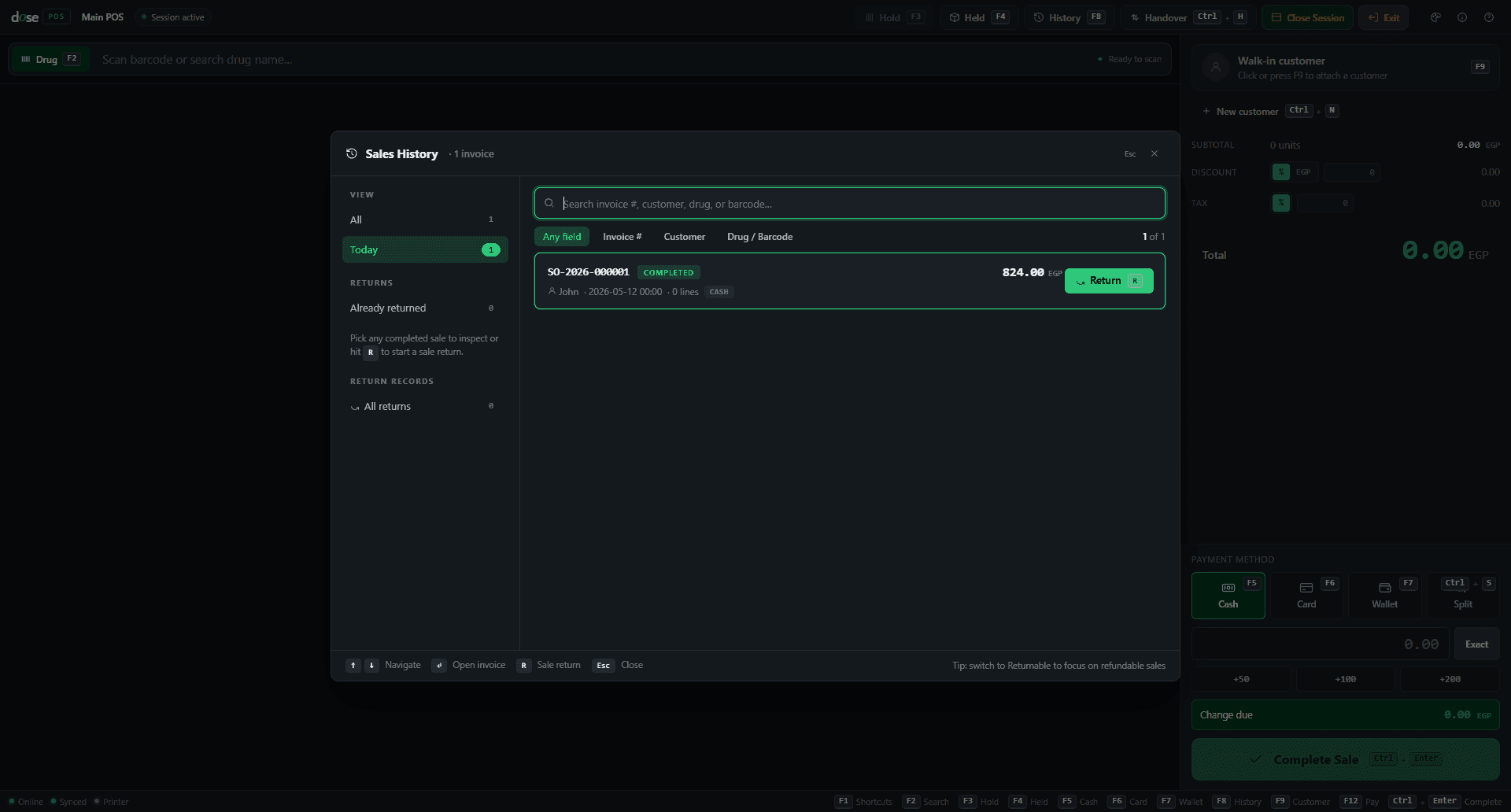 Sales history with returnable invoices