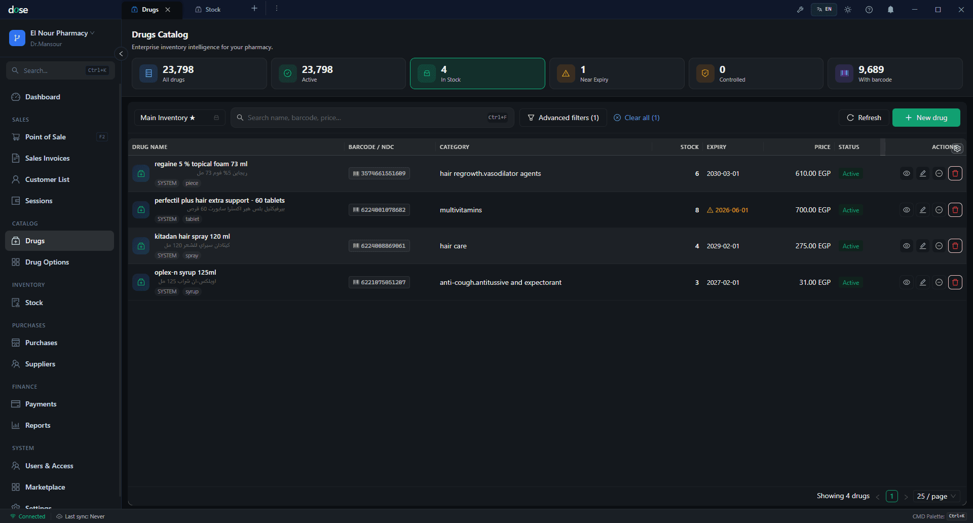 Drug catalog with barcode, category, stock, expiry, status